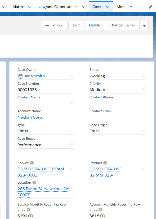 Salesforce case with service and account information