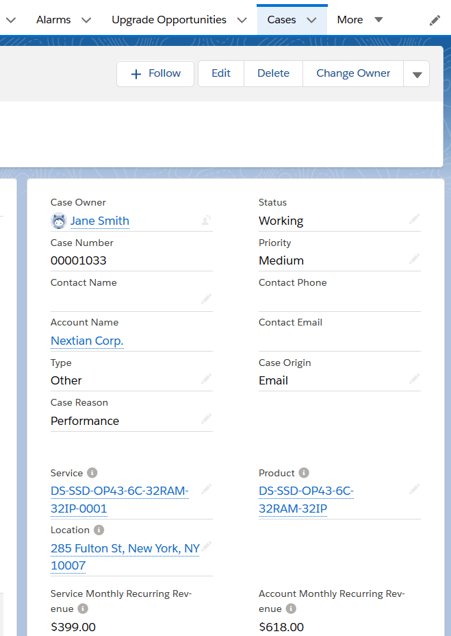 Salesforce case with service and account financial information