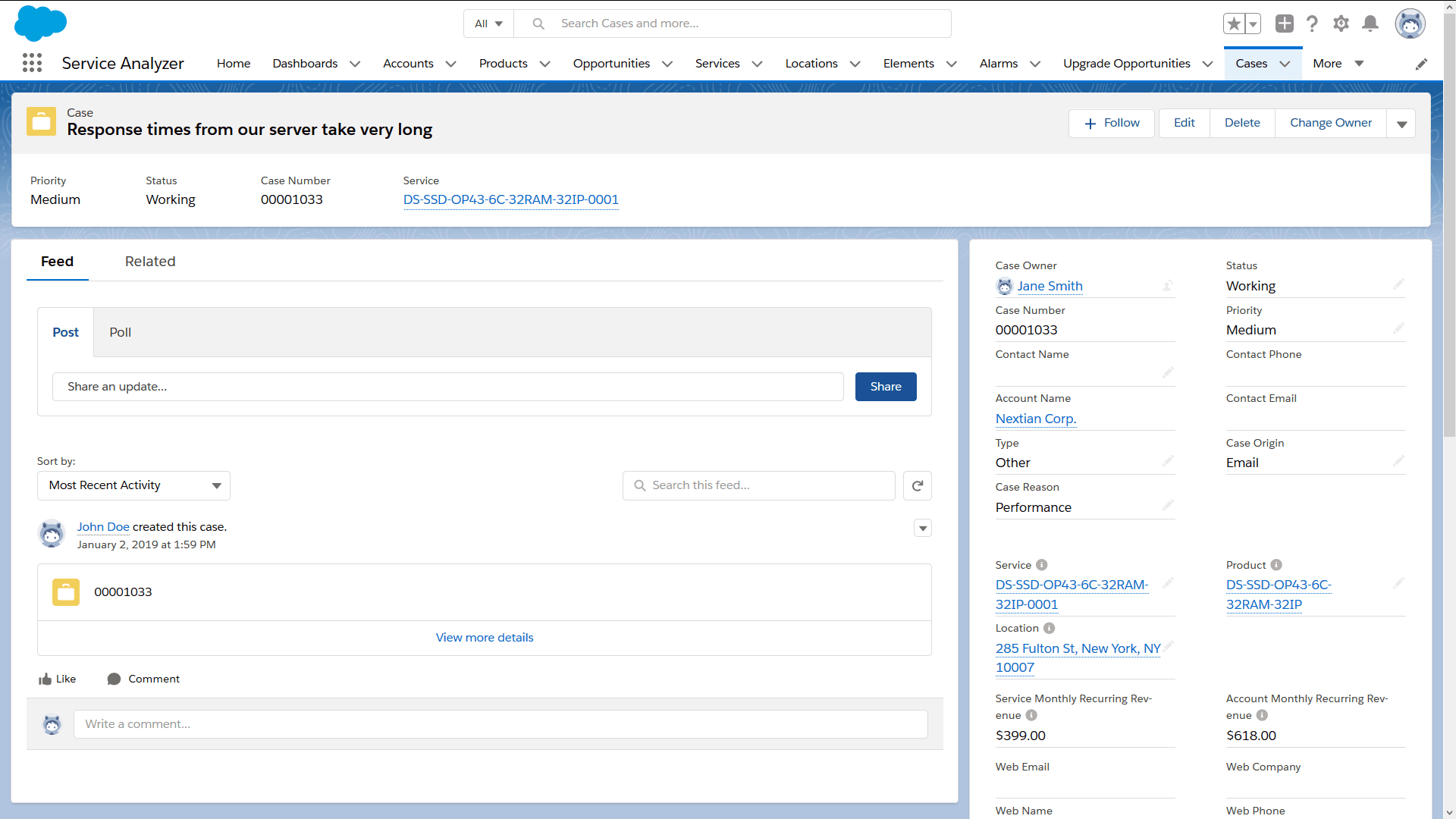 Salesforce case with service and account financial information