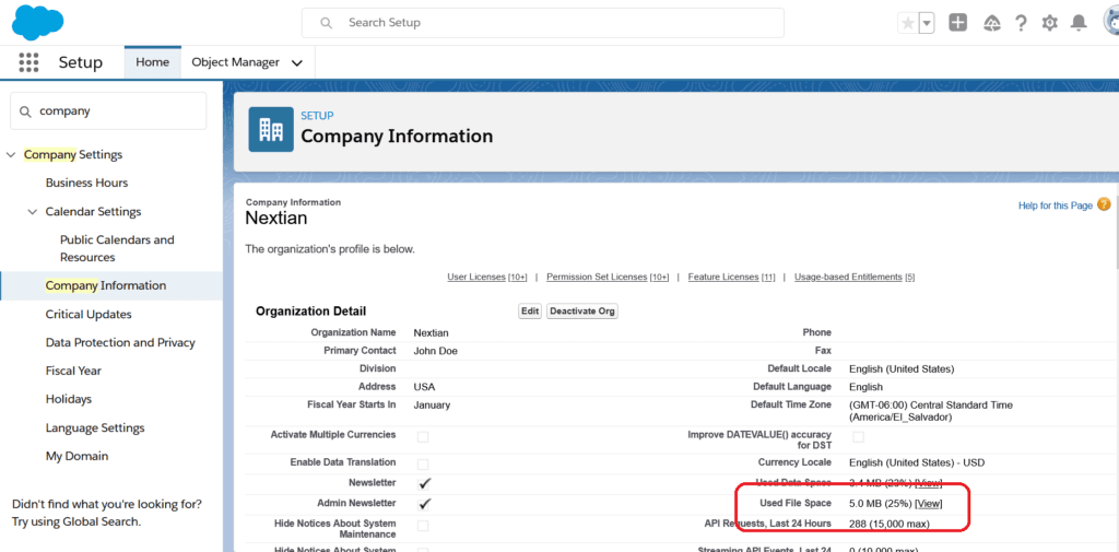 Available Salesforce storage information