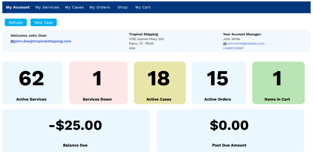 Nextian Customer Portal dashboard with billing information