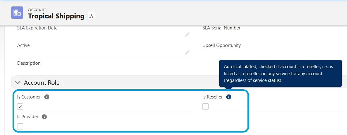 A screenshot of Nextian account fields identifying account role (customer, reseller, provider).