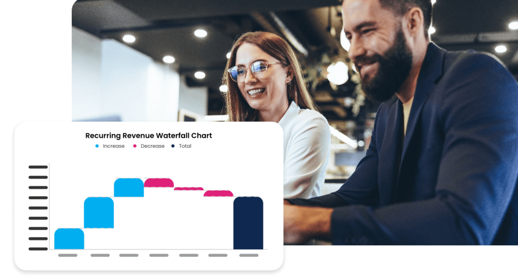 Man and woman looking at screenshot of Recurring revenue waterfall chart / bridge