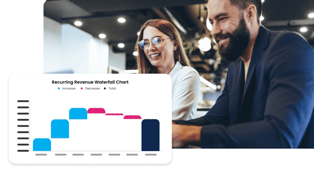 Man and woman looking at screenshot of Recurring revenue waterfall chart / bridge