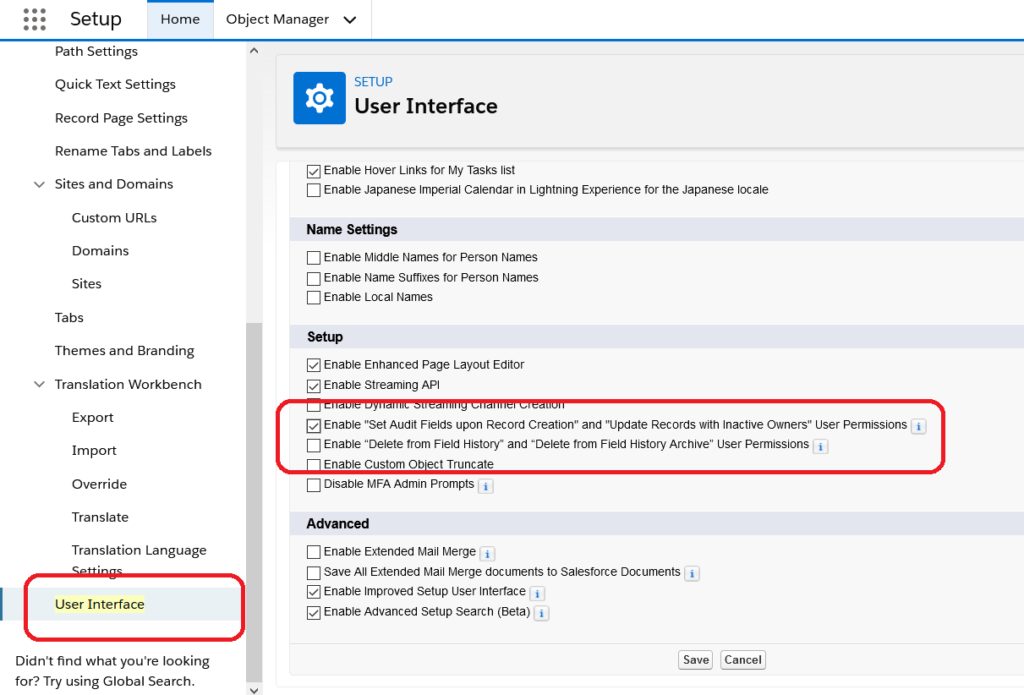 Enabling object audit field setting in Salesforce