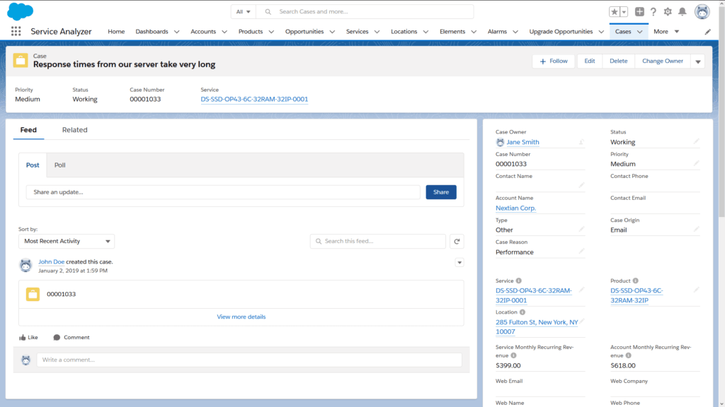 A screenshot of a case with service, product and account information (service MRR, account MRR, and others)