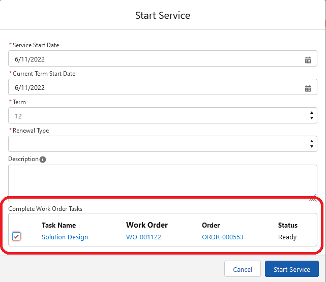 Starting a service with work order tasks completion