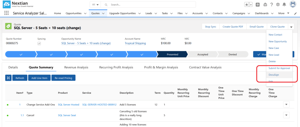 Nextian Service Analyzer - DocuSign Quote Actions Menu