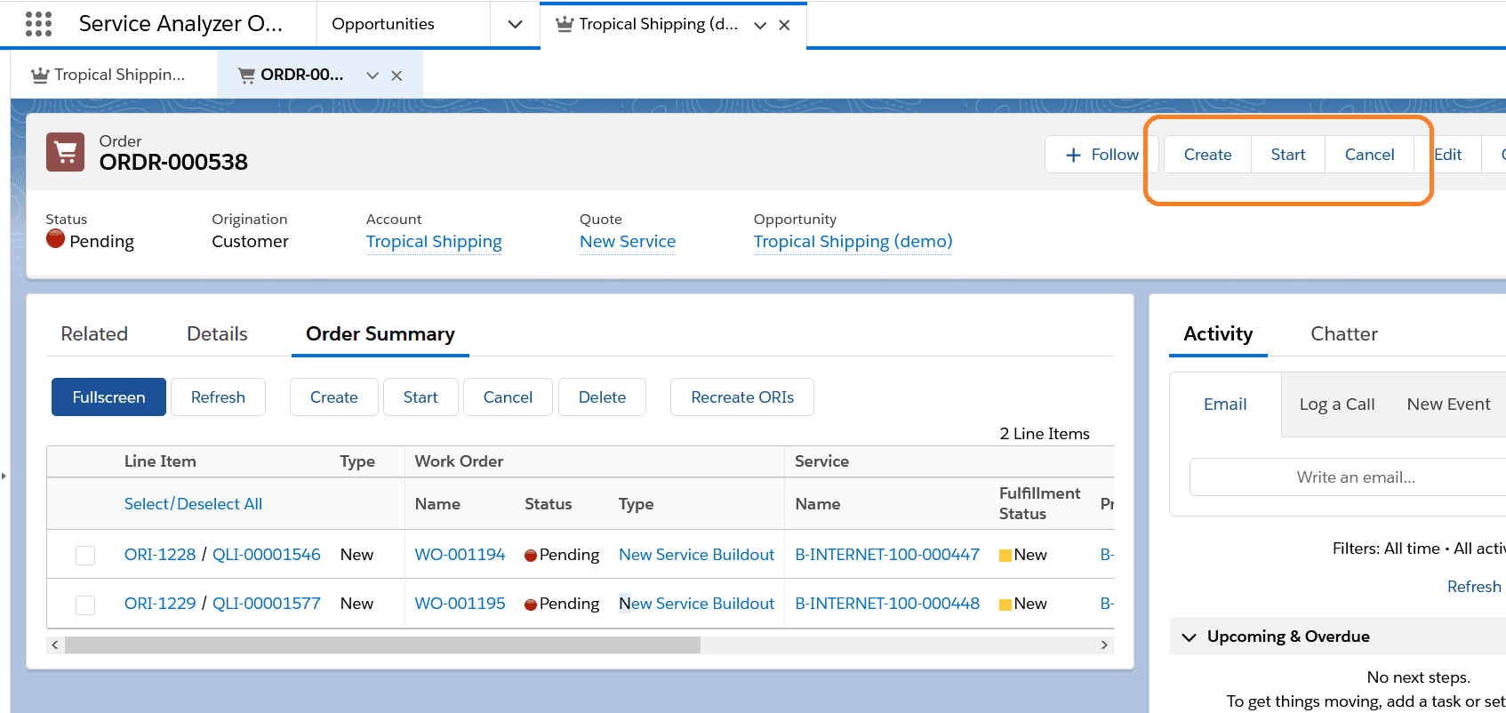 Order management actions