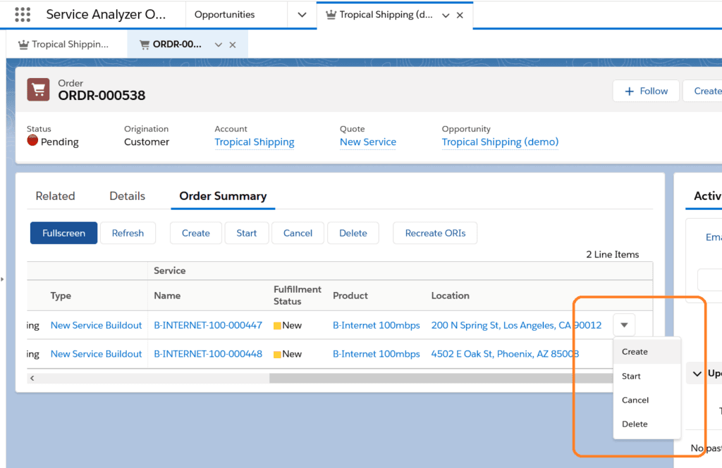 Order line item actions