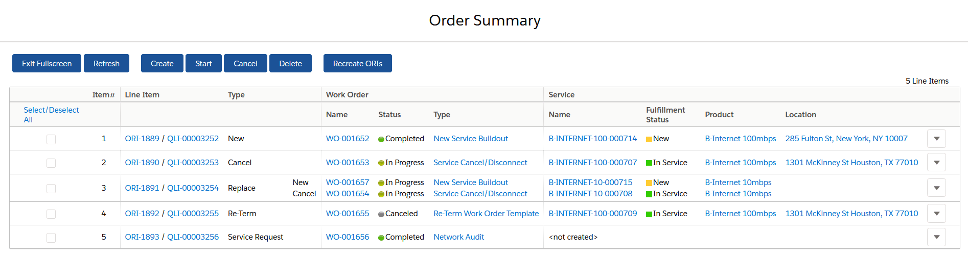 Order summary - new, replace, re-term and cancel line items on one order