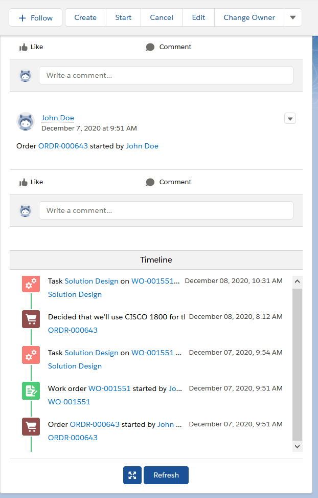 Order timeline in Salesforce chatter