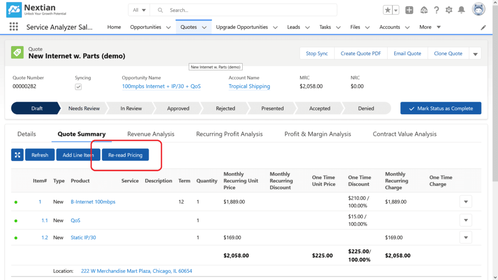 Re-reading product pricing for a quote