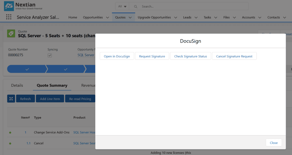 Nextian Service Analyzer - Requesting Quote DocuSign Signature