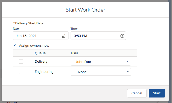 Starting work order with user with user assignments