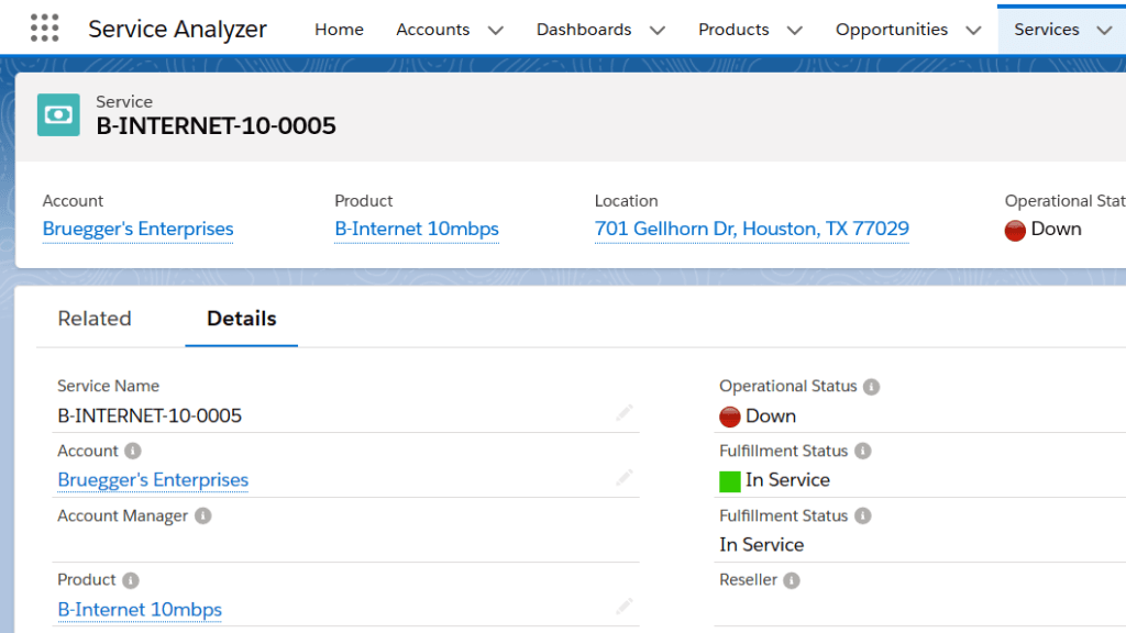 A screenshot of Nextian service operational and fulfillment statuses in Salesforce.