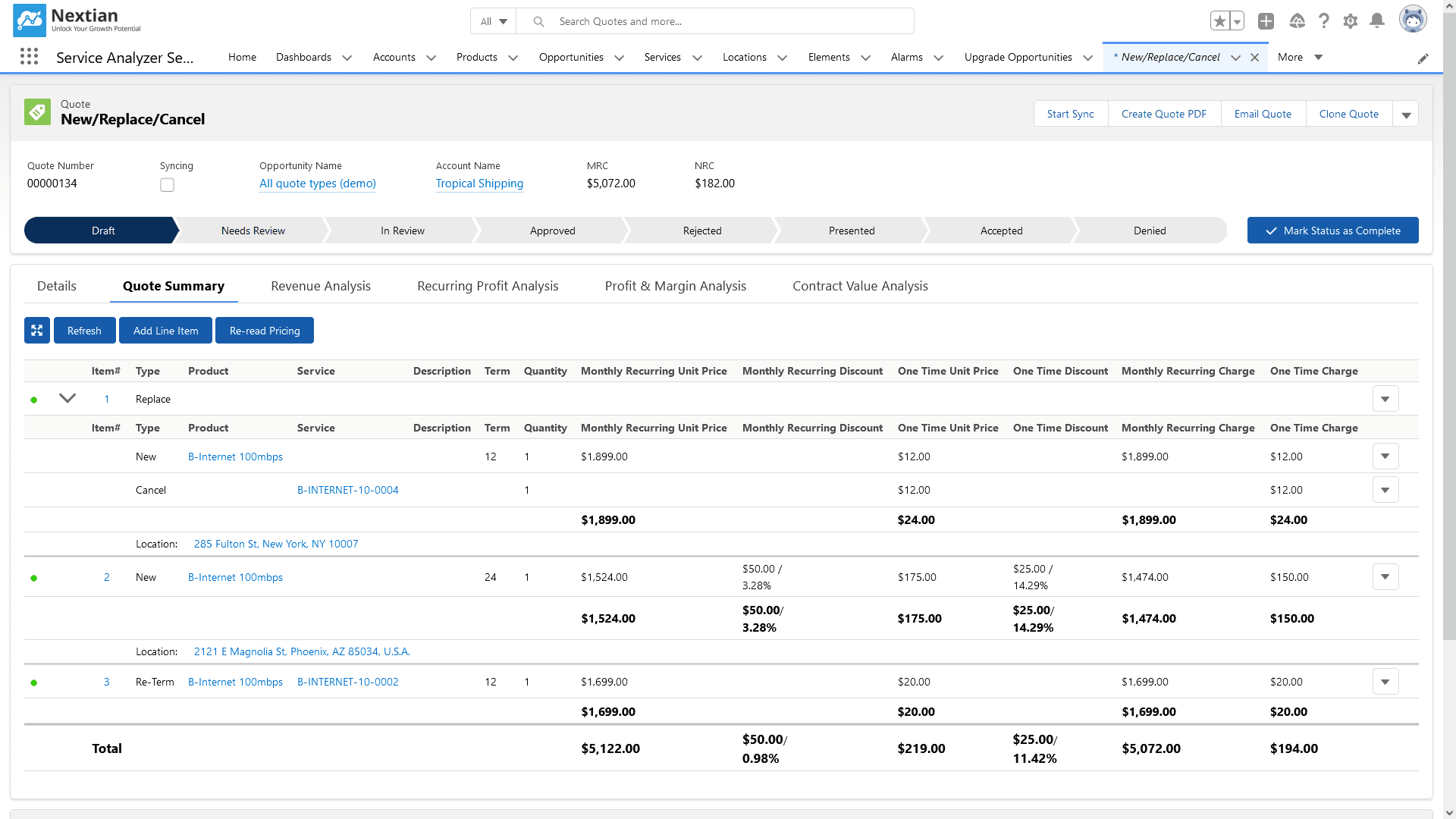 Quote summary - new, replace, re-term and cancel line items on one quote