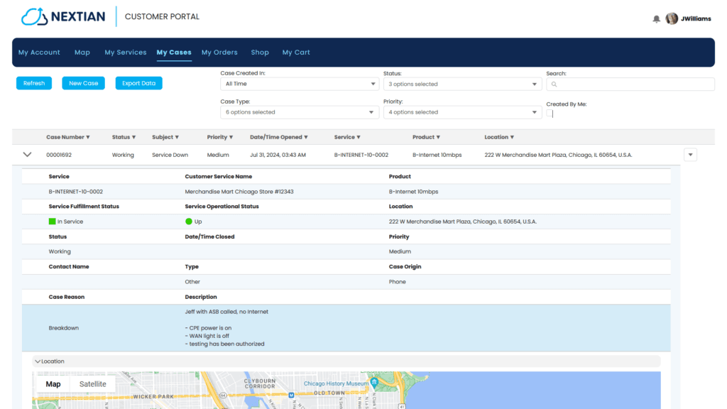 A screenshot of case view in the Nextian Customer Portal