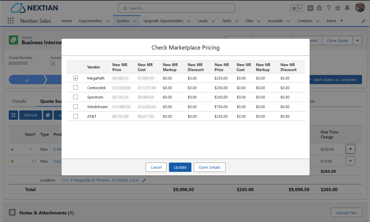 A screenshot of Nextian CPQ integrated with telecom access pricing from various vendors