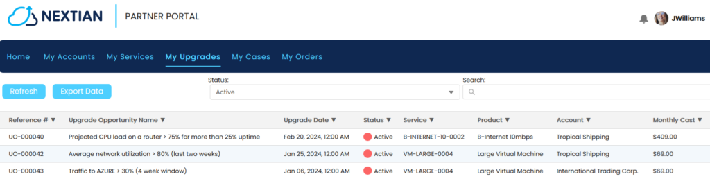 A screenshot of customer upgrade opportunities shown to partner in the Nextian Partner Portal