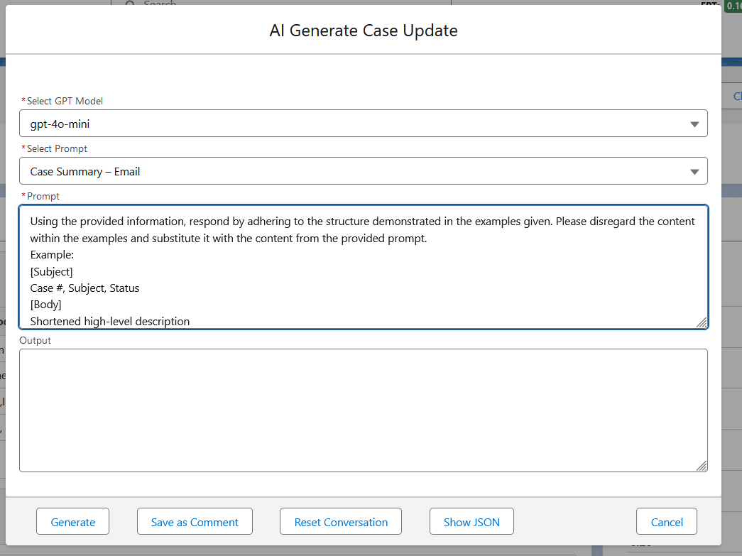 A screenshot of a Salesforce case summary generation using OpenAI