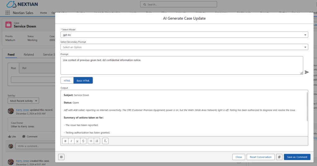 A screenshot of generating customer case response with OpenAI in Salesforce