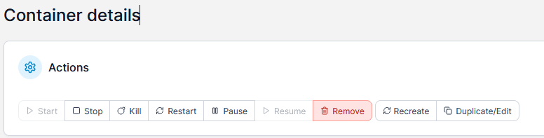 A screenshot of management actions in Docker/Portainer managing the Nextian RMM container.