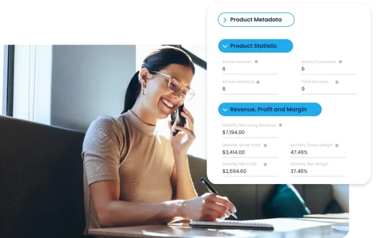 Woman calling and screenshot of Product profit and margin analysis